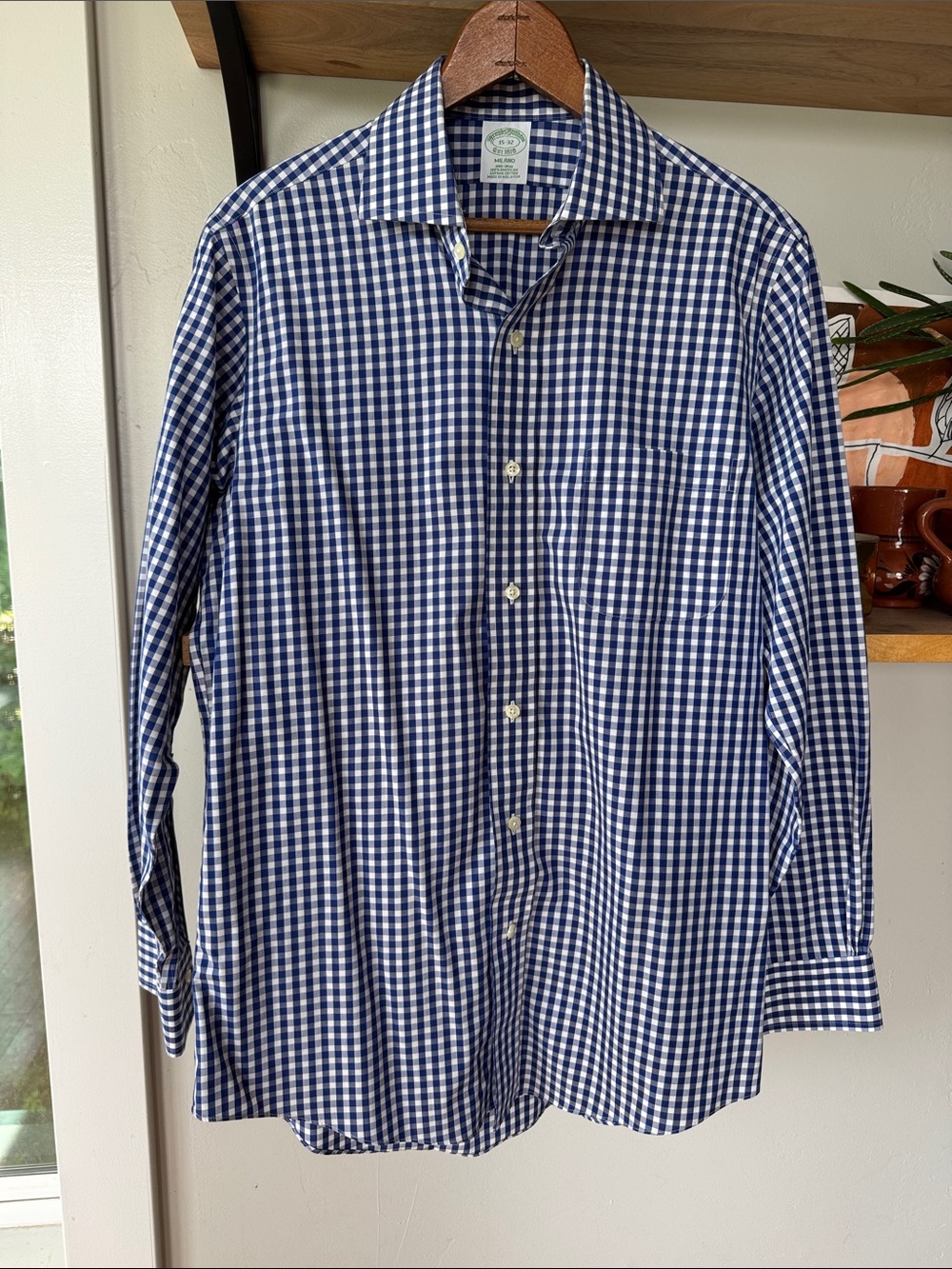 Brooks Brothers Blue & White Gingham Plaid Supima Cotton Dress Shirt Sz 15 x 32